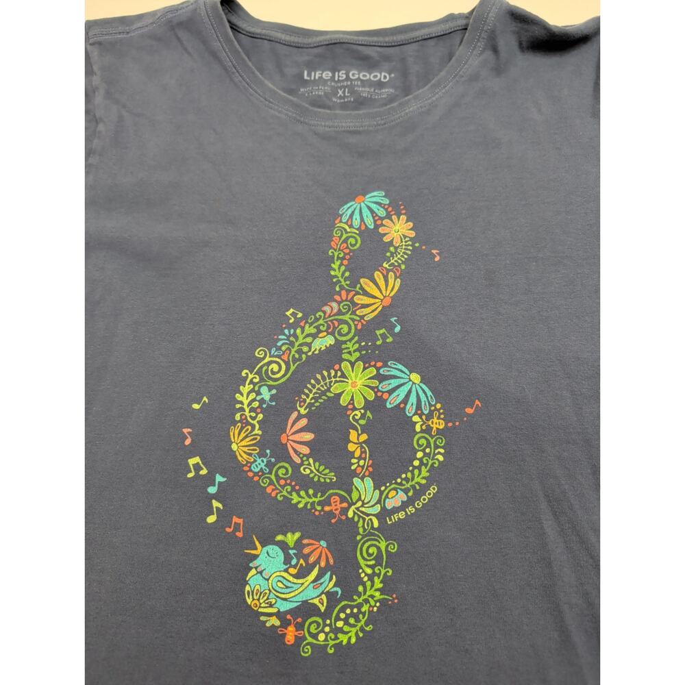 Women's XL Life Is Good Crusher Navy Blue Floral Treble Clef Graphic T Shirt